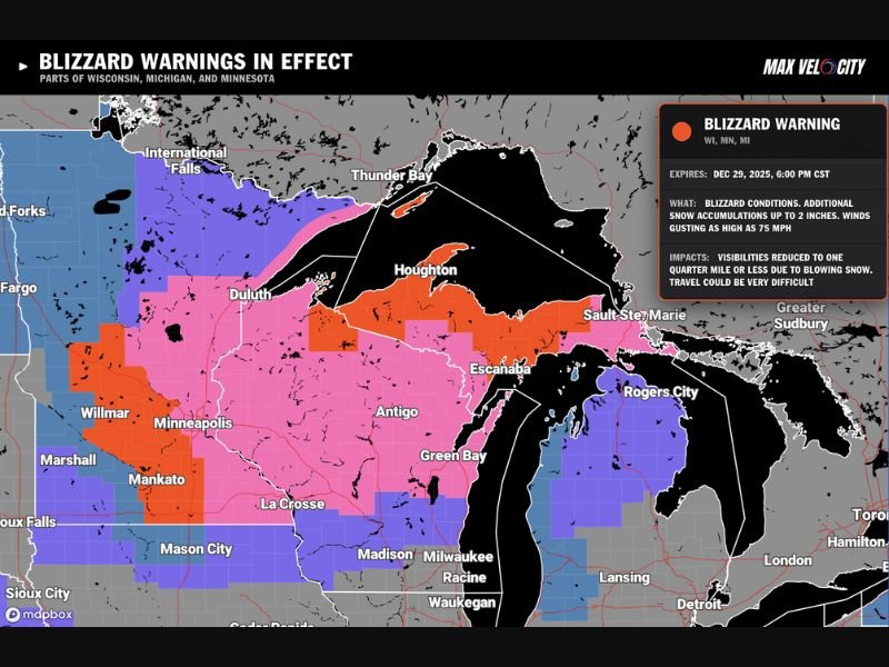 Michigan, Minnesota, and Wisconsin Under Blizzard Warnings as 1–3 Feet of Snow and 75 MPH Winds Threaten Major Travel Disruptions