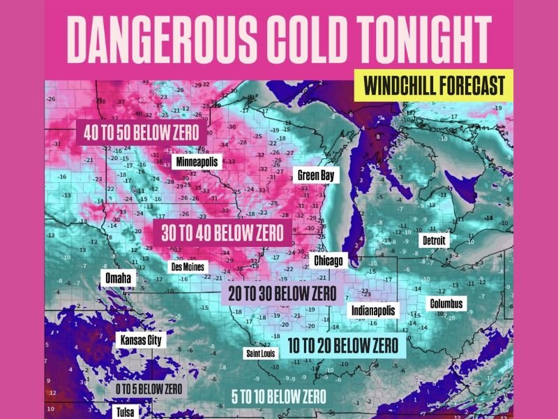 Minnesota, Iowa, Illinois, Missouri, Oklahoma and Arkansas Brace for Dangerous Windchills Dropping as Low as 50° Below Zero Tonight