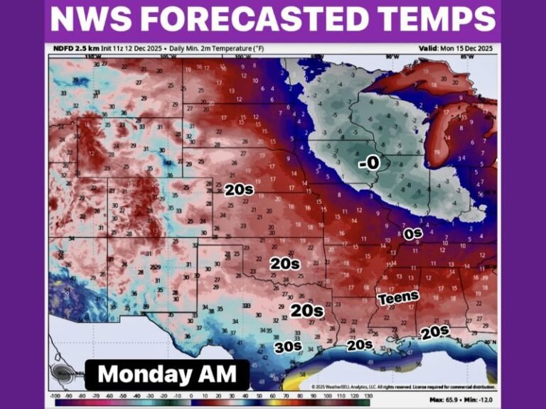 NWS Forecast Shows 74% of the U.S. Expected to Freeze Monday Morning as Midwest Drops Below Zero and 20s Reach the Gulf Coast and Florida Panhandle