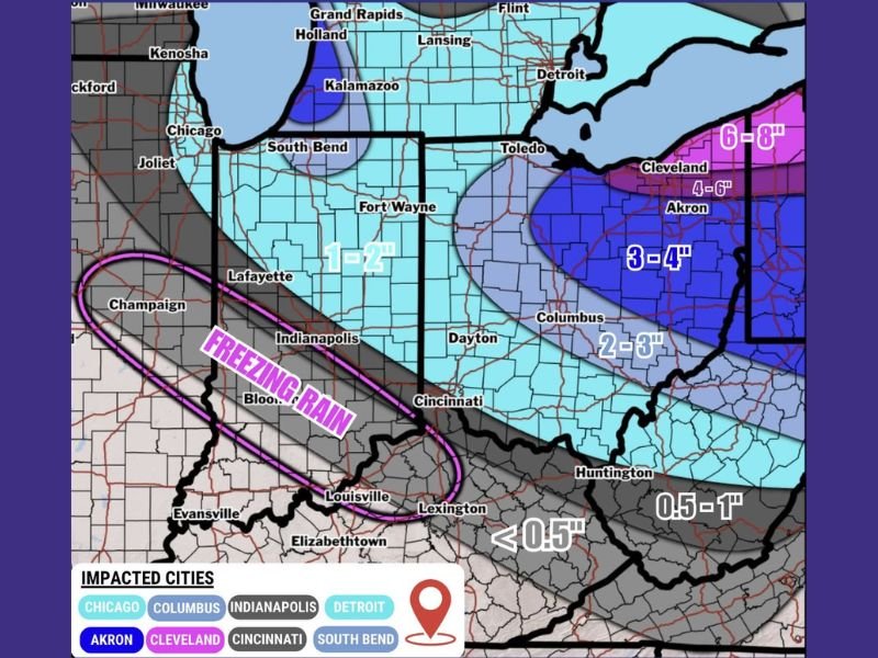 New Year’s Eve Clipper to Bring Snow, Freezing Rain, and Hazardous Travel Across Illinois, Indiana, Michigan, and Ohio