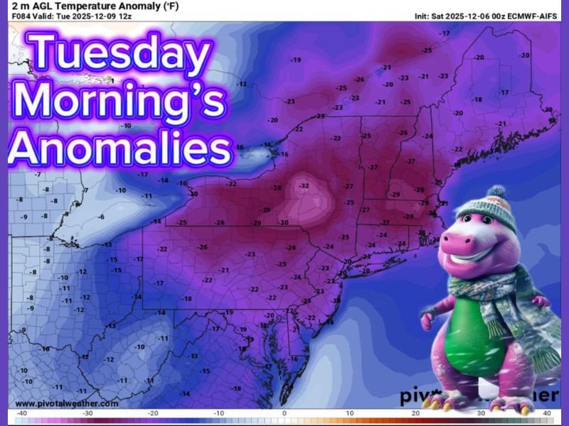 New York, Pennsylvania, and New England States to Face Extreme Cold Tuesday Morning With Temperatures Up to 30 Degrees Below Normal