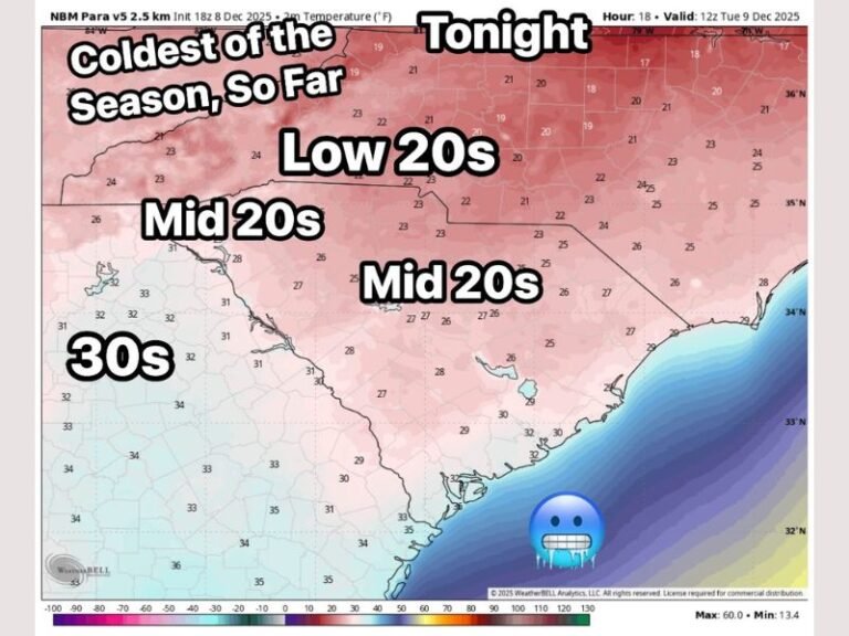 North Carolina, South Carolina, and Georgia Prepare for Coldest Night of the Season With Lows in the 20s