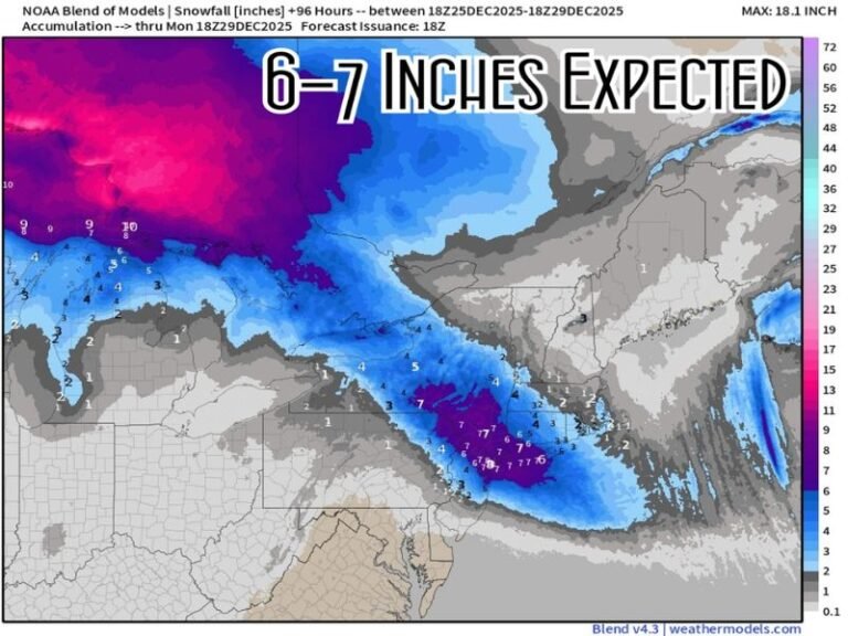Northeast States Expected to Receive 6–7 Inches of Snow Through Weekend, NOAA Model Shows Widespread Accumulation