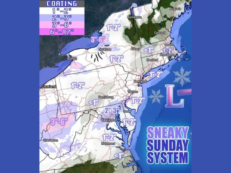 Northeast U.S. Braces for First Coastal Snow as Fast-Moving Sunday System Brings 1–2 Inches from New York to Boston