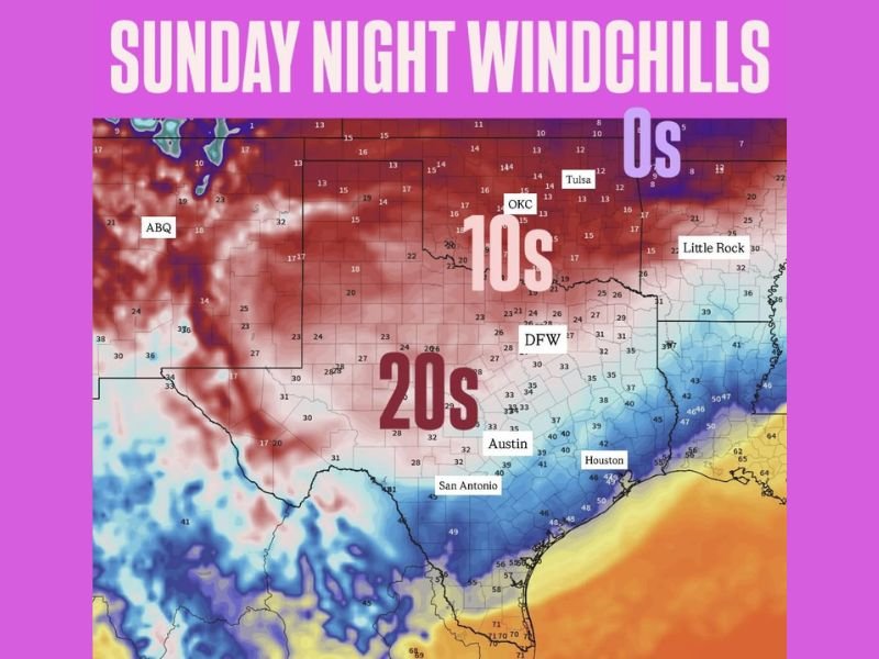 Oklahoma and Texas Brace for Sharp Temperature Drop as Windchills Fall Into the 0s, 10s and 20s Sunday Night