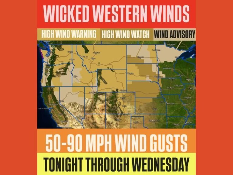 Pacific Northwest, Rockies, Northern Plains, and Upper Midwest Face Dangerous 50–90 mph Wind Gusts From Major Windstorm Through Wednesday