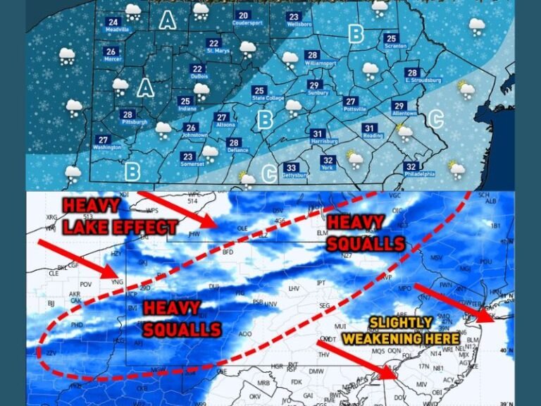 Pennsylvania Snow Squalls and Lake-Effect Snow Expected December 31, Creating Hazardous Travel Conditions Across Multiple Regions