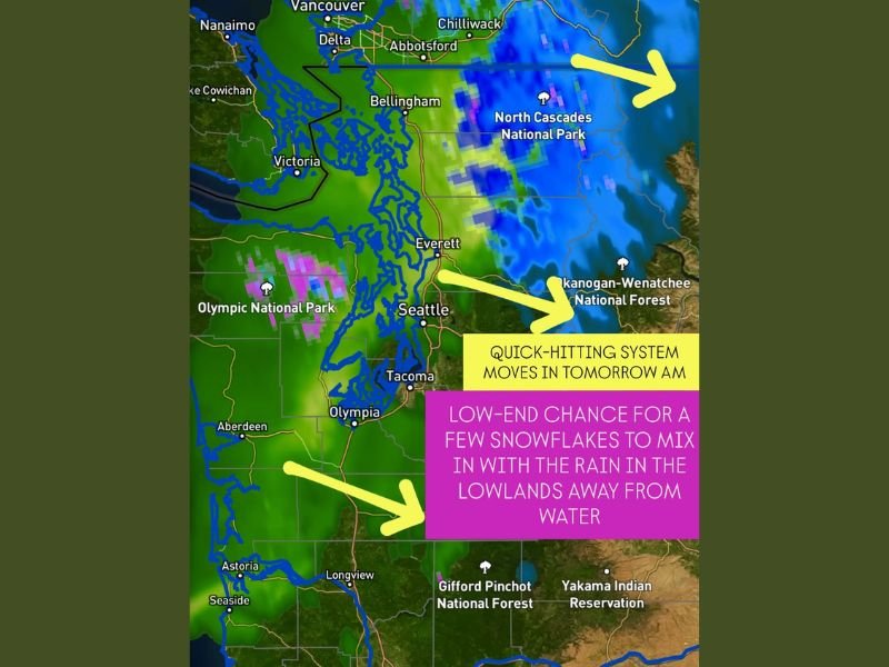 Quick-Hitting Storm to Bring Rain and Light Mountain Snow to Western Washington Monday Morning
