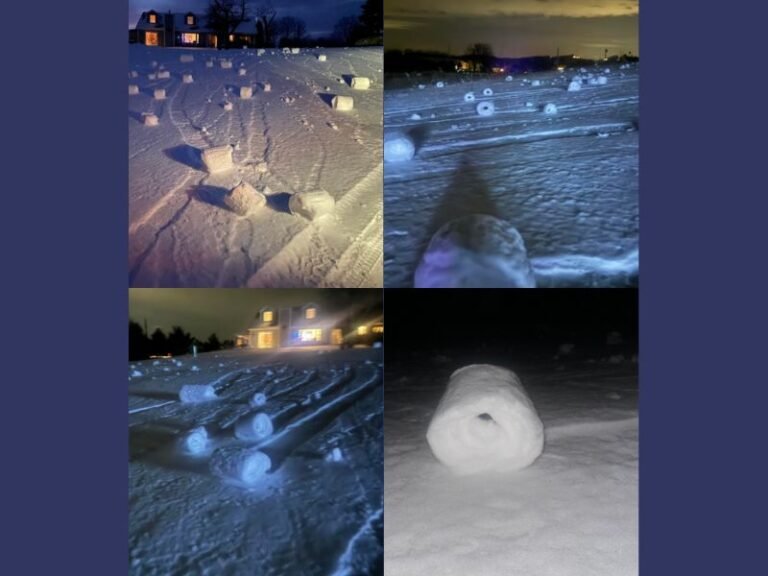 Rare ‘Snow Rollers’ Form Naturally in Suttons Bay, Michigan, as Perfect Winter Conditions Create Unusual Cylinders Across a Residential Yard