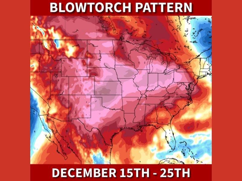 Sharp Mid-December Warm Surge Expected Across Most of the United States From December 15–25 as Long-Range Outlook Shows Strong Temperature