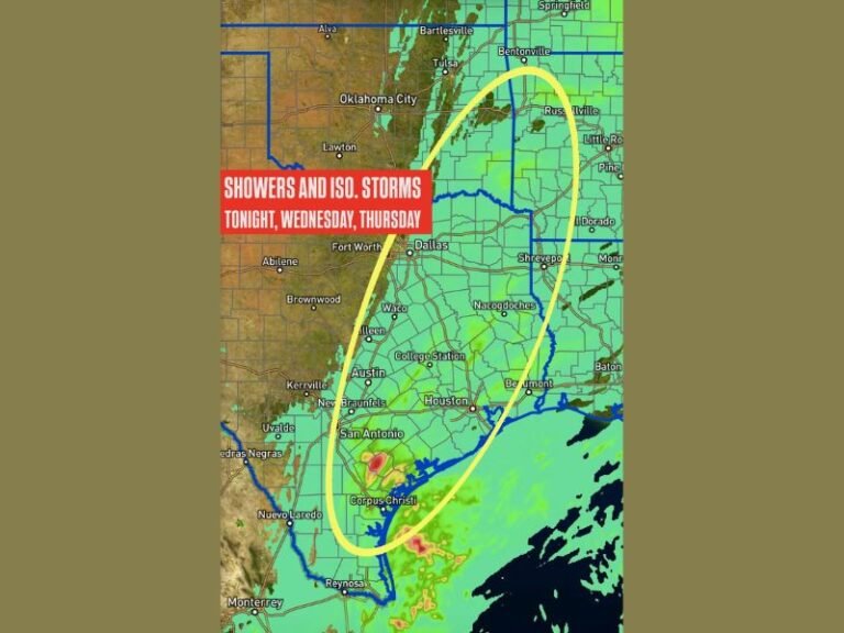 Showers and Isolated Storms Expected Across Central, Southeast, and East Texas Through Thursday as Cold Front Moves In
