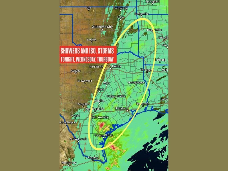 Showers and Isolated Storms Expected Across Central, Southeast, and East Texas Through Thursday as Cold Front Moves In