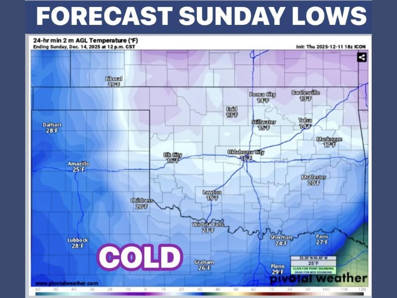 Strong Arctic Cold Front to Bring Sunday Morning Lows in the Teens and 20s Across Oklahoma and North Texas as Wind Chills Drop Even Lower