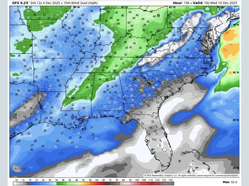 Strong Winds Forecast to Batter Texas, Alabama, Georgia, and the Carolinas Early Next Week, With Gusts Up to 50 MPH