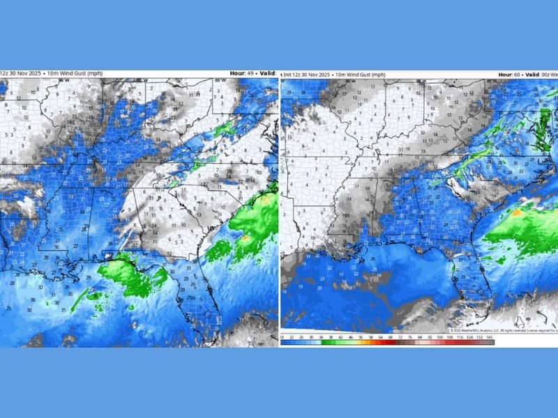 Strong Winds to Batter Florida, Alabama, Georgia, and the Carolinas Through Wednesday With Gusts Up to 45 MPH