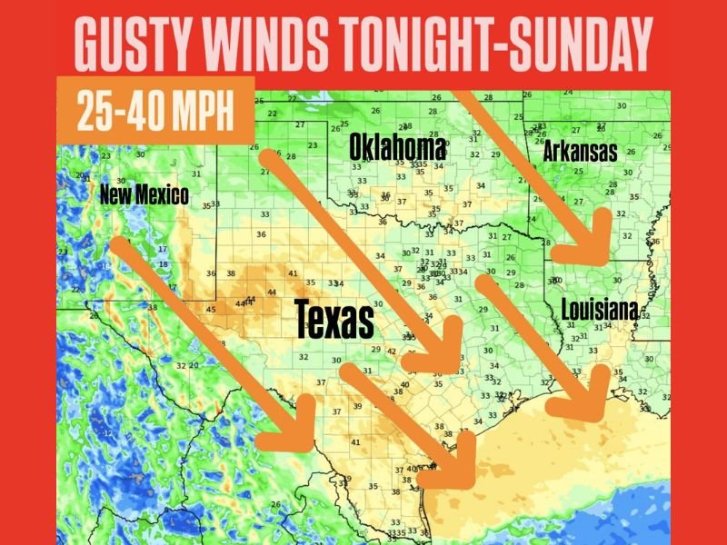 Texas, Oklahoma, Arkansas, Louisiana and New Mexico Facing 25–40 MPH Gusty Winds Behind Strong Cold Front