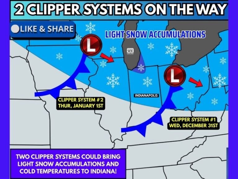 Two Clipper Systems Expected to Bring Light Snow Accumulations and Colder Temperatures Across Central and Northern Indiana to End 2025 and Begin 2026