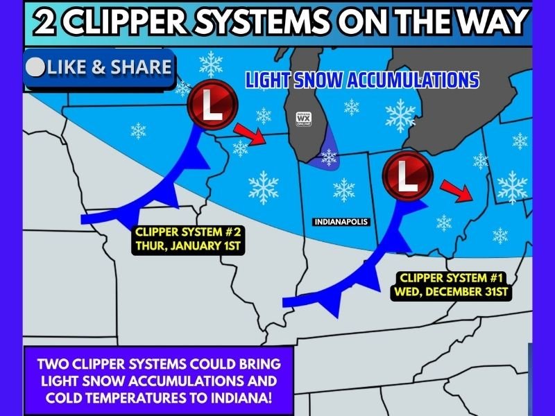 Two Clipper Systems Expected to Bring Light Snow Accumulations and Colder Temperatures Across Central and Northern Indiana to End 2025 and Begin 2026