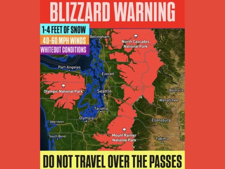 Washington Blizzard Warning Issued for Cascades and Olympics as 1–4 Feet of Snow and 40–60 MPH Winds Create Life-Threatening Whiteout Conditions