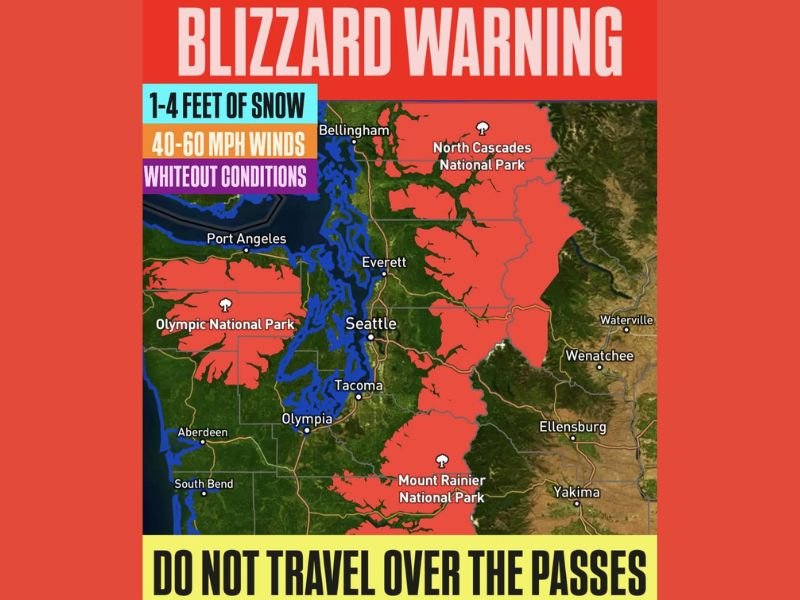 Washington Blizzard Warning Issued for Cascades and Olympics as 1–4 Feet of Snow and 40–60 MPH Winds Create Life-Threatening Whiteout Conditions