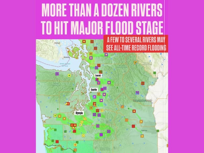 Washington Faces Major Flooding Threat as More Than a Dozen Rivers Expected to Reach Major Flood Stage After New Atmospheric River Surge