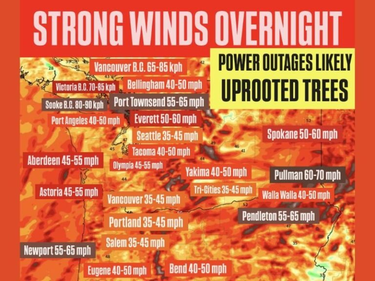 Washington, Oregon, and Vancouver Island Brace for Dangerous Overnight Wind Gusts Up to 55 mph, Causing Power Outage and Tree Damage Risks
