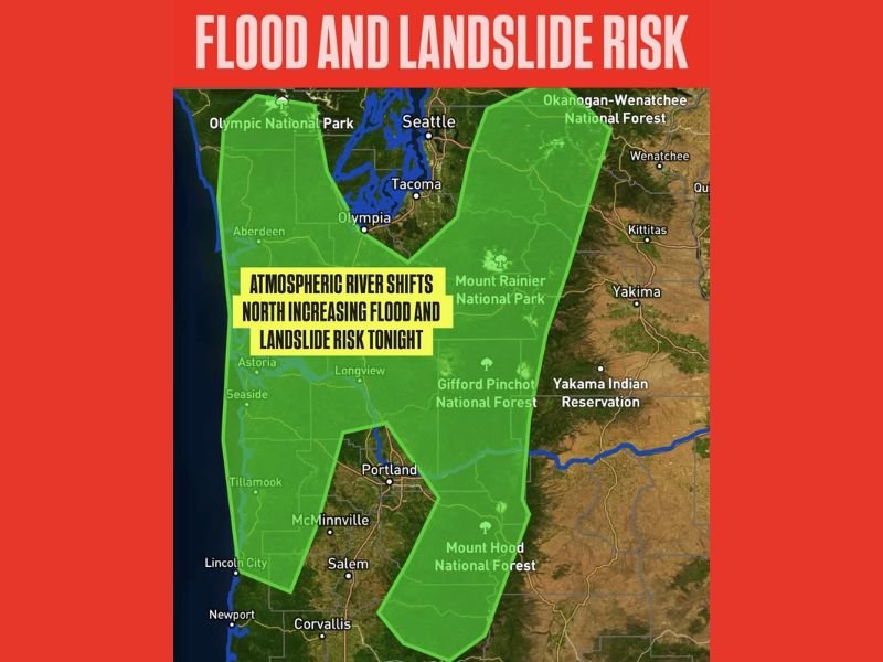 Washington and Oregon Brace for Overnight Flooding and Landslide Threat as Atmospheric River Shifts North