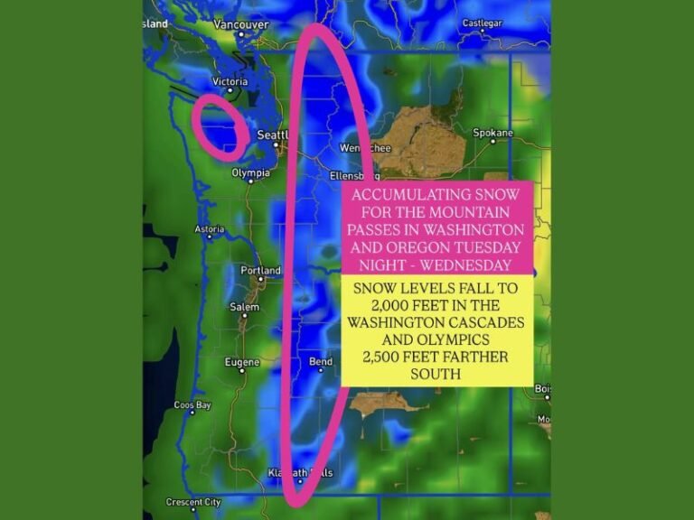 Washington and Oregon Mountain Passes to See Significant Snow as Levels Drop to 2,000 Feet Tuesday Night