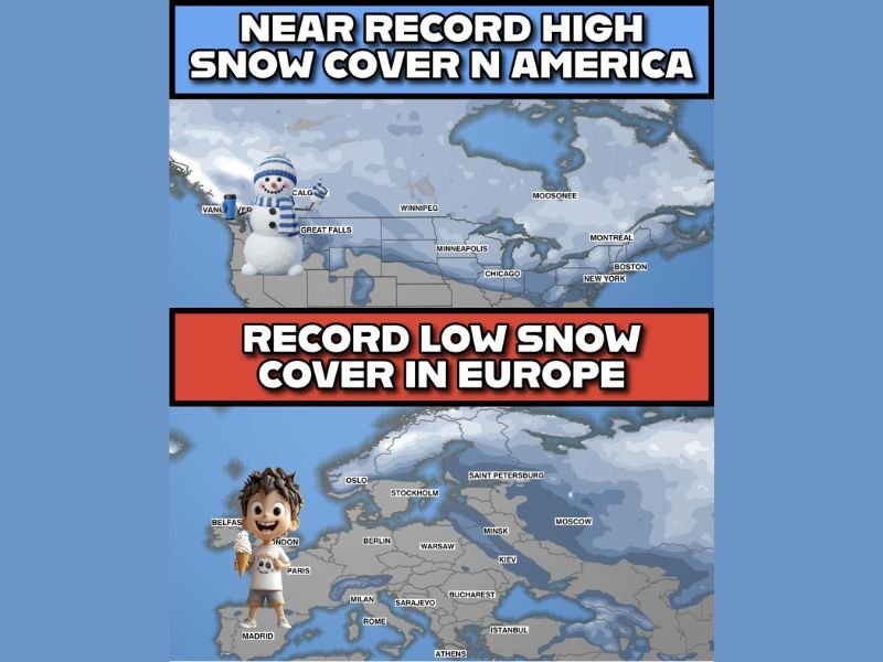Weather Pattern Shows Near-Record Snow Cover Across Illinois, Minnesota While Europe Faces Record-Low Snowfall Heading Into Christmas