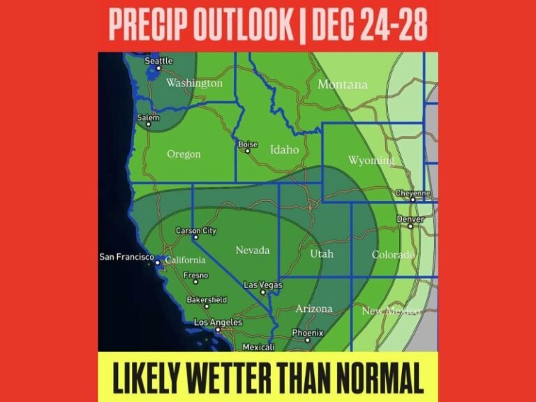 Western U.S. Forecast Shows Above-Normal Precipitation From Dec. 24–28, Raising Concerns for Holiday Travel Across Multiple States