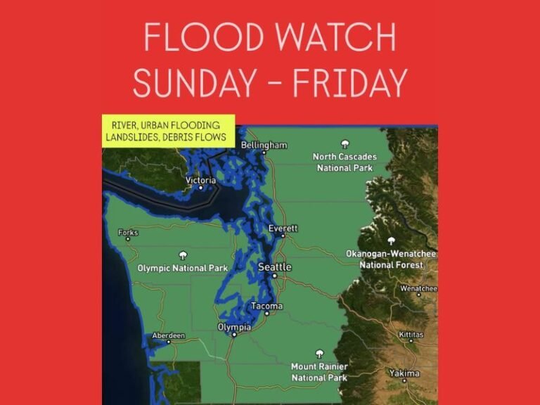 Western Washington Under Flood Watch From Sunday Through Friday as Heavy Rain Raises Threat of Landslides and Debris Flows