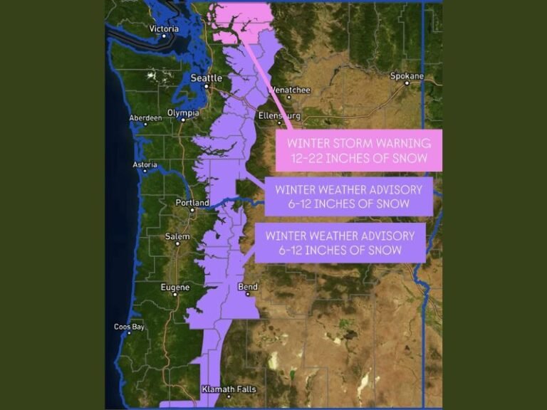 Winter Storm Warning Issued for Northern Washington Cascades as Up to 22 Inches of Snow Expected; Winter Weather Advisories Extend Through Oregon Cascades Into Early Monday