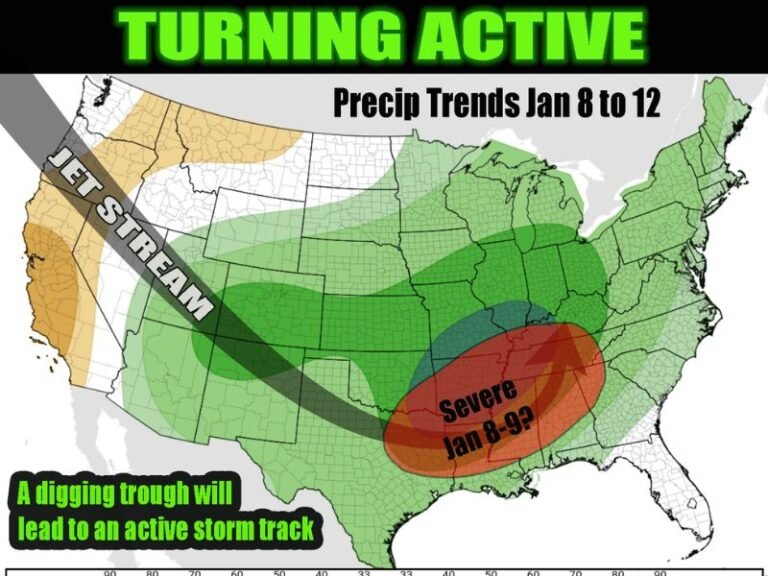 Active Storm Track in Texas, Arkansas, Louisiana, Mississippi, Alabama, Tennessee, and Kentucky With Severe Weather Risk January 8–12