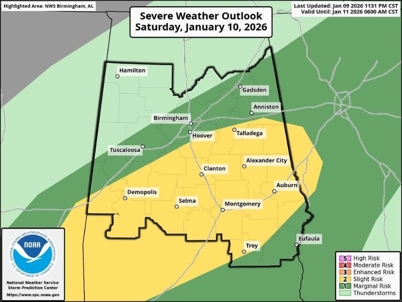 Alabama Faces Early-Morning Severe Weather Threat as Tornado Risk and Flooding Concerns Increase Across Southern Counties