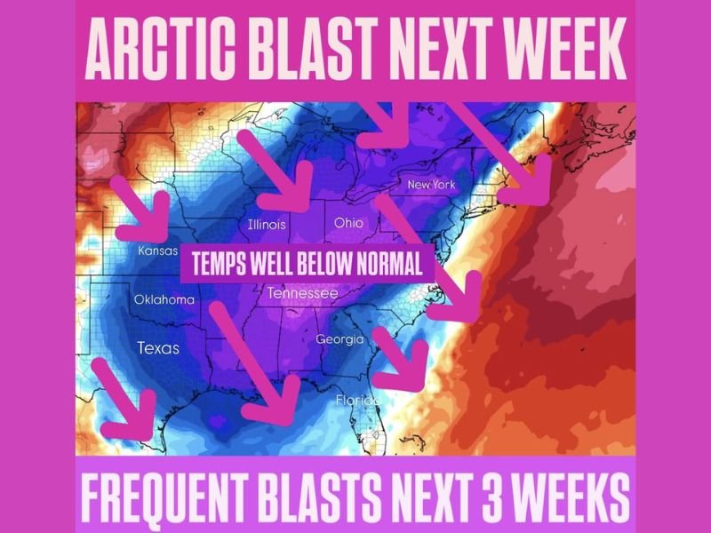 Arctic Blast Targets Illinois, Ohio, Tennessee, Georgia, Texas, and the East Coast as Temperatures Plunge Well Below Normal Next Week