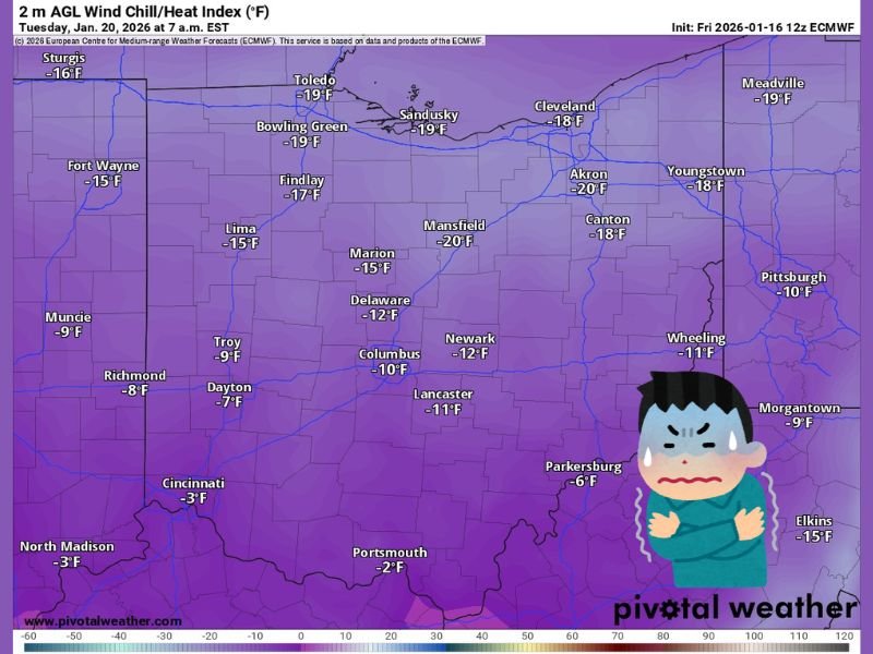 Brutal Arctic Wind Chills Set to Grip Ohio Valley and Great Lakes as Temperatures Feel Like −20°F by Tuesday Morning