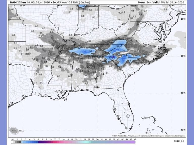 Carolinas, Tennessee and North Georgia Braced for Short-Range NAM Snow Event as 2–5 Inches Target Southern Appalachians Saturday