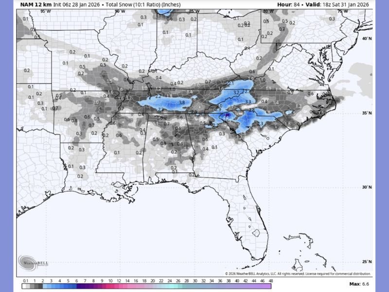 Carolinas, Tennessee and North Georgia Braced for Short-Range NAM Snow Event as 2–5 Inches Target Southern Appalachians Saturday