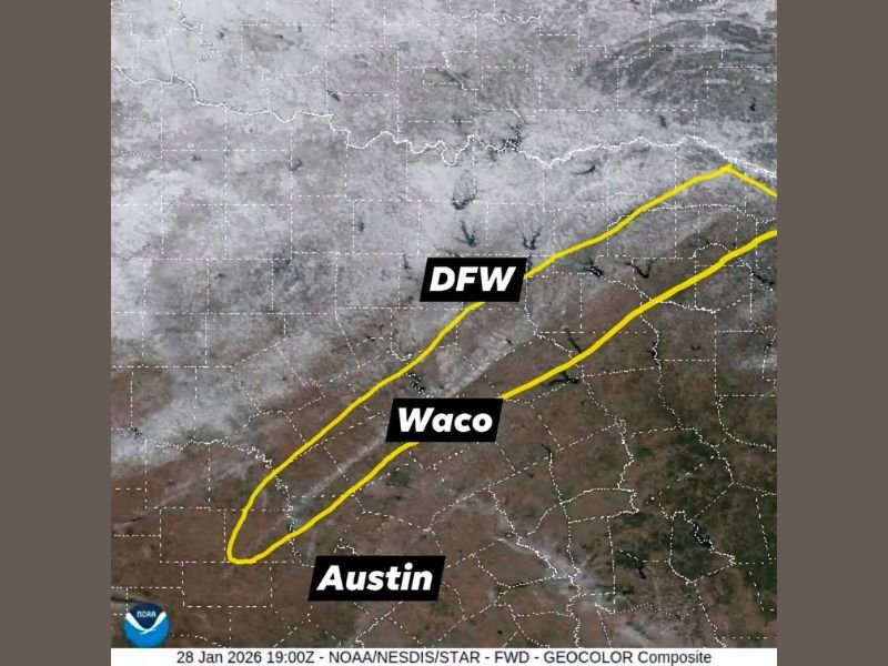 Central and North Texas Reveal Storm’s Frozen Footprint as Satellite Shows Snow, Sleet, and Ice Swath From Austin to DFW