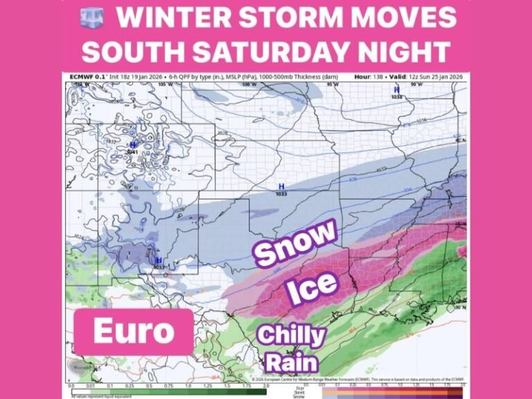 Complex Winter Storm Shifts South Late Saturday, Bringing Snow, Ice, and Freezing Rain From Oklahoma Into Texas