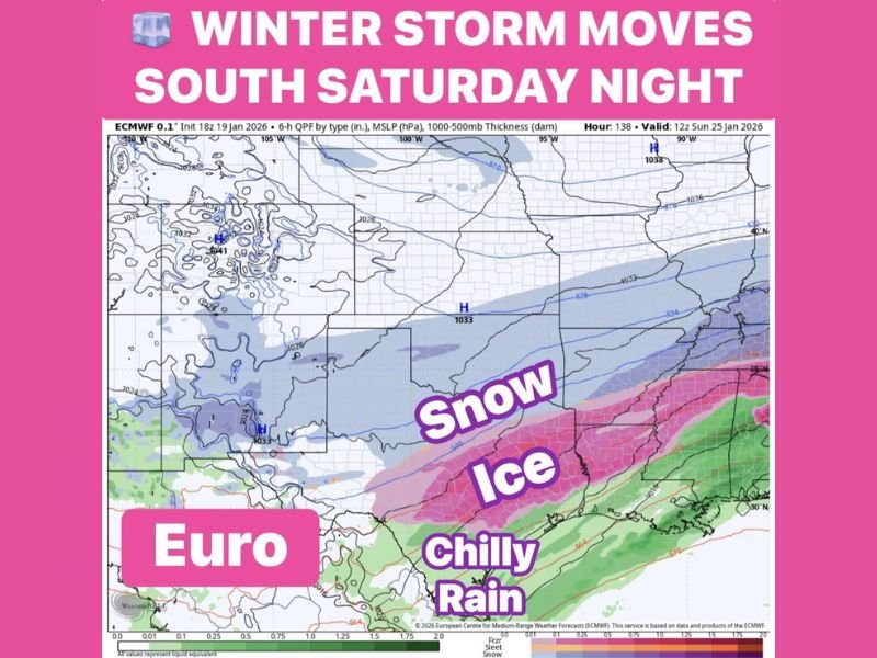 Complex Winter Storm Shifts South Late Saturday, Bringing Snow, Ice, and Freezing Rain From Oklahoma Into Texas