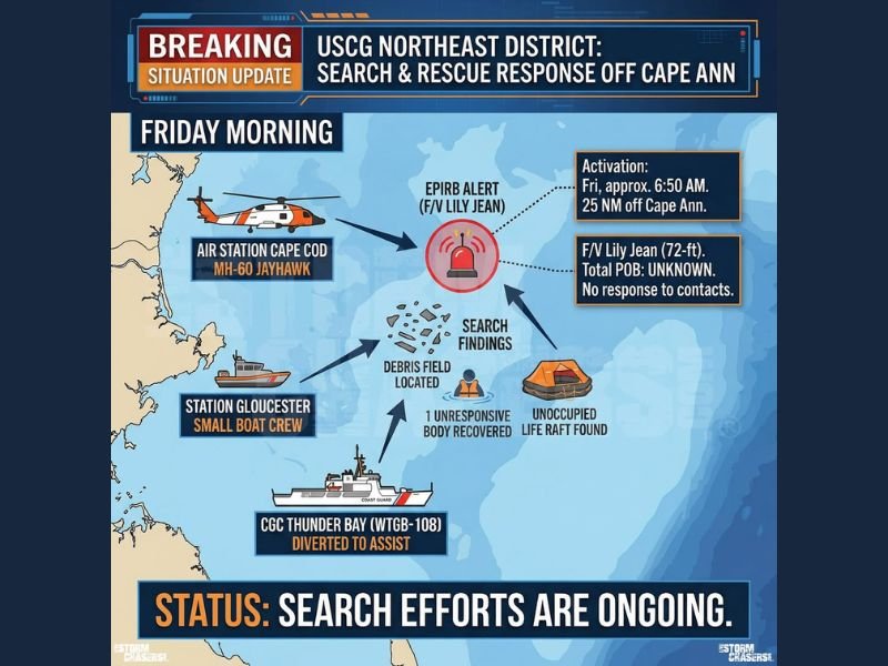 Fishing Vessel Lily Jean Missing Off Cape Ann as Coast Guard Finds Debris, Empty Life Raft, and One Body