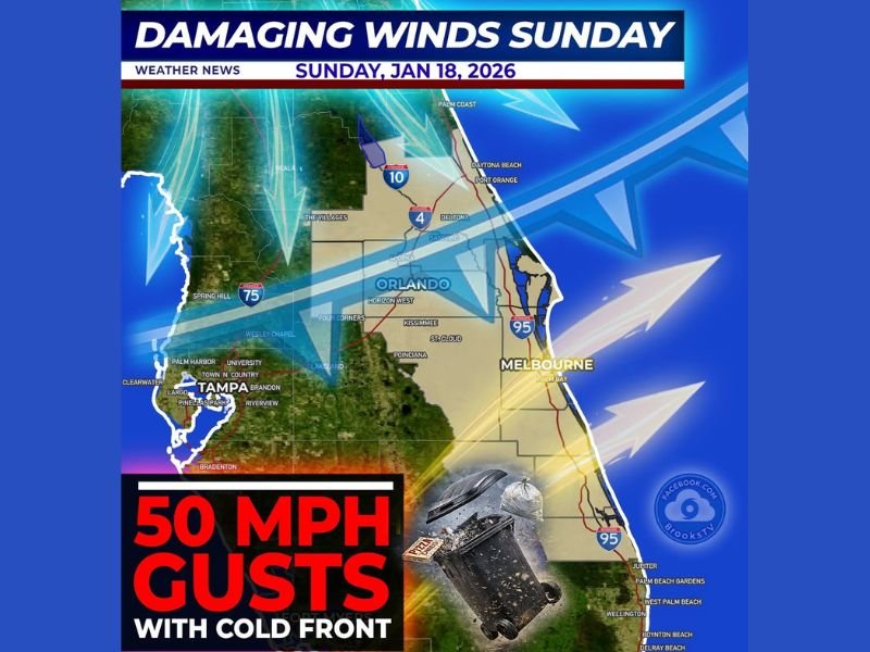 Florida Braces for Damaging 50 MPH Wind Gusts Sunday as Arctic Cold Front Slams Through Central and Coastal Areas