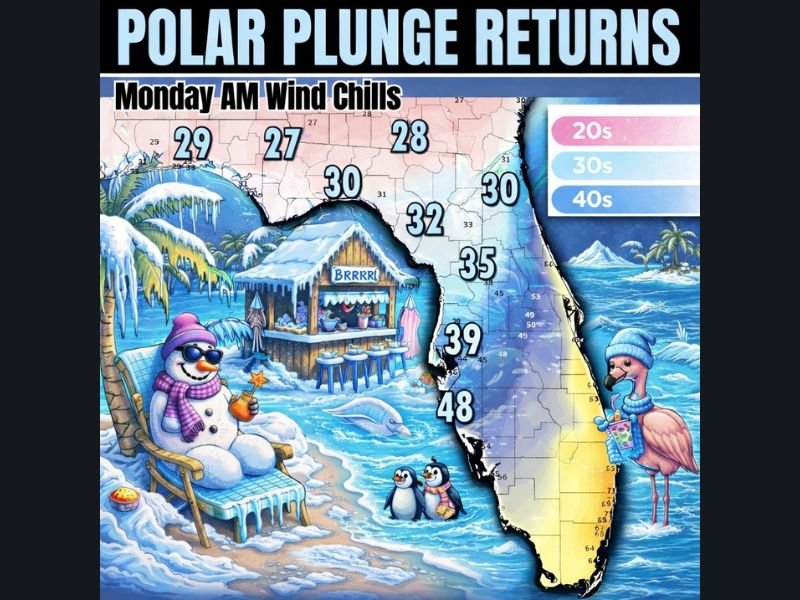 Florida Braces for Sharp Temperature Drop as Cold Front Brings 20s and 30s Wind Chills Monday Morning