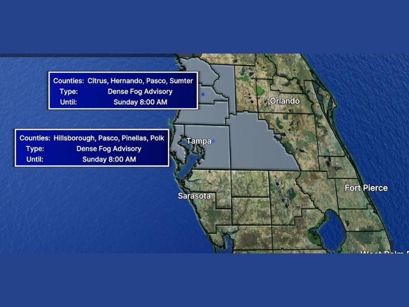 Florida Dense Fog Advisory Covers Tampa Bay Region as Dangerous Morning Travel Conditions Persist Until 8 AM