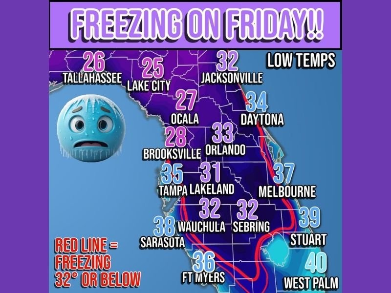 Florida Faces Widespread Freezing Temperatures Friday Morning as Cold Air Pushes Lows Into the 20s and Low 30s