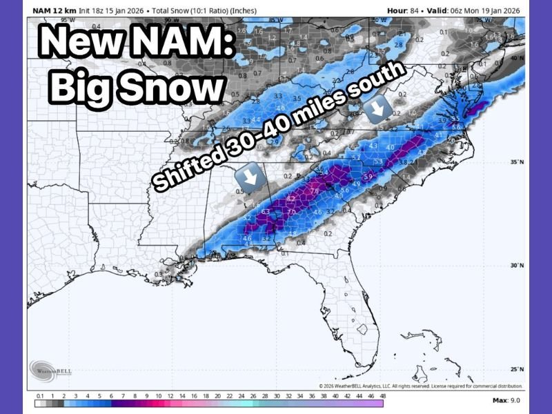Georgia, Alabama, South Carolina, and North Carolina See Southward Shift in Snow Axis as NAM Signals 3–6 Inch Potential