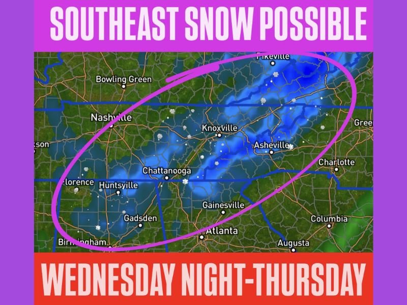 Georgia, Alabama, and Tennessee Face Light Snow Risk Wednesday Night Into Thursday as Arctic Front Pushes Cold Air South