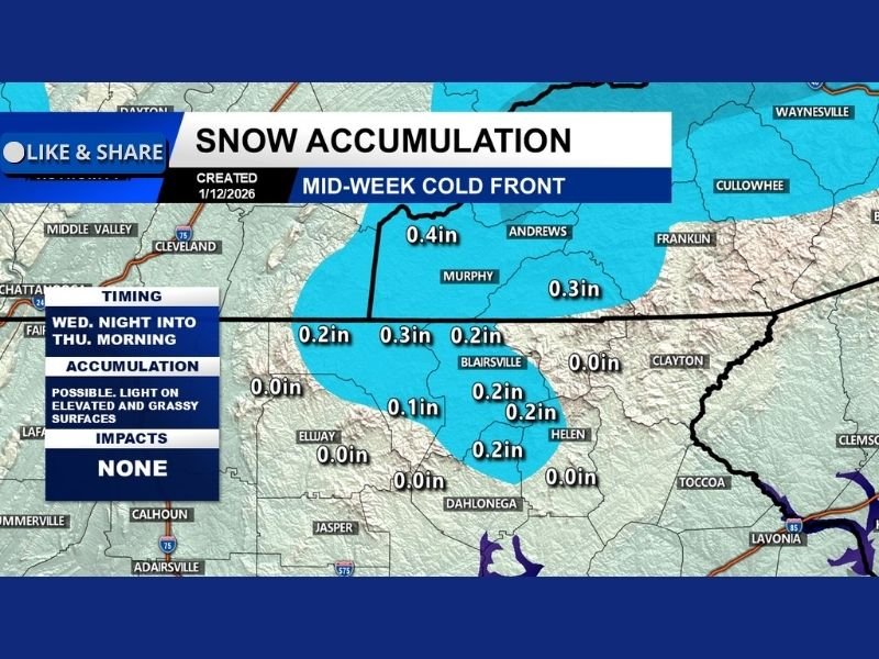 Georgia Midweek Cold Front Brings Flurries to North Georgia Mountains, With Little to No Snow Accumulation Expected