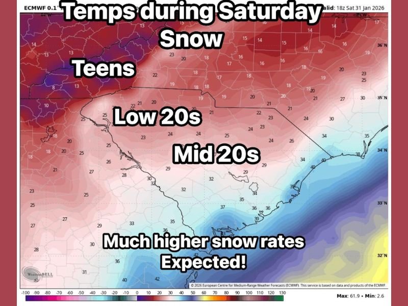 Georgia, South Carolina, and North Carolina Face Unusually Cold Snow Setup as Temperatures Drop Into Teens and Low 20s Saturday